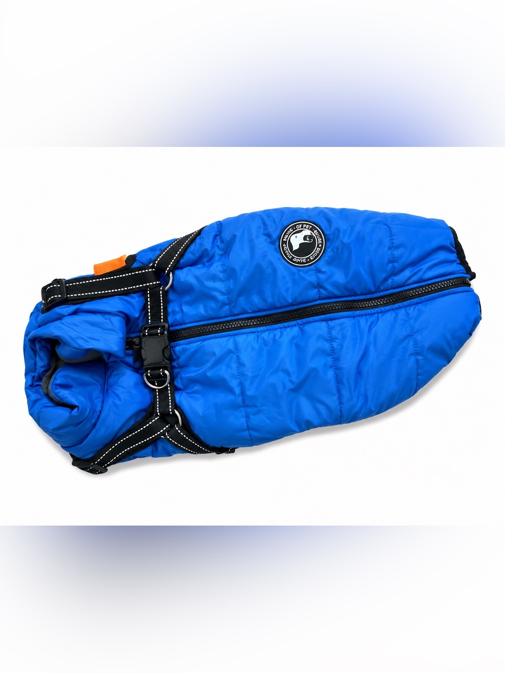 Blue Puffer Dog Coat with Integrated Harness